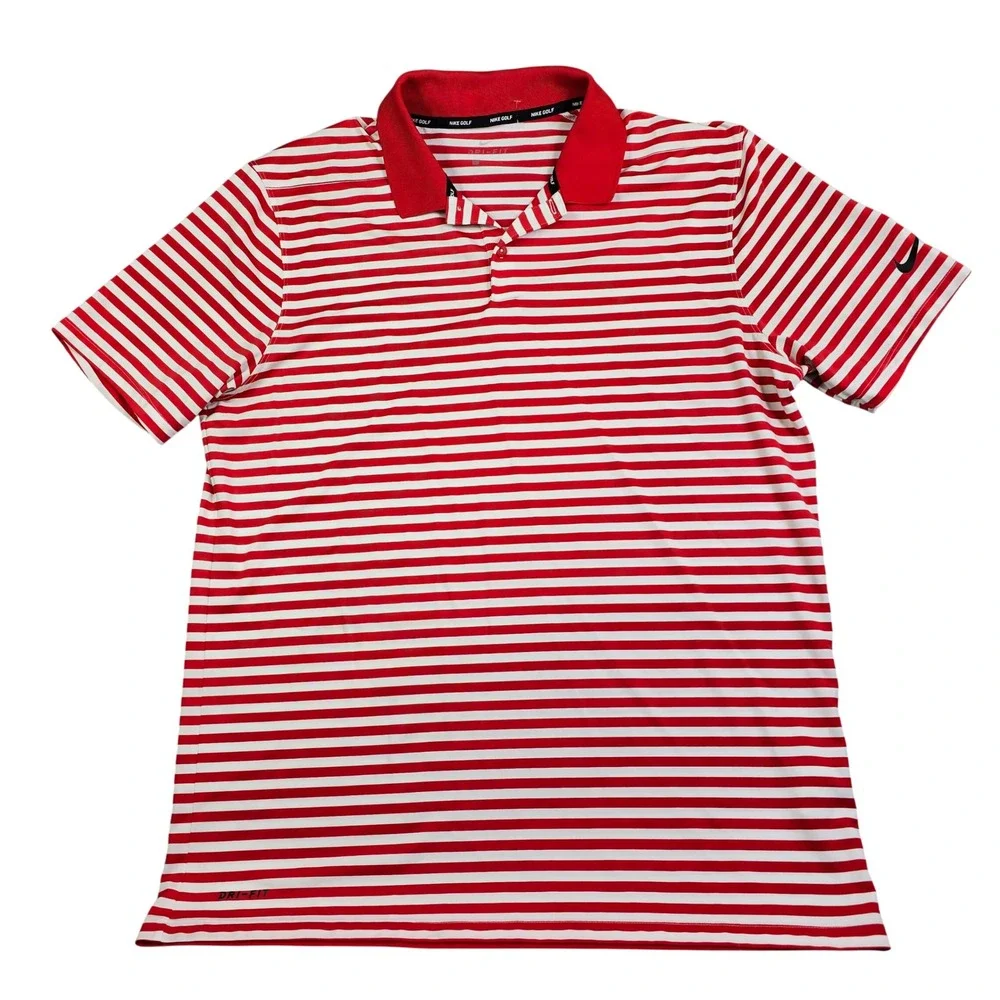 Nike Golf Polo Shirt Men Large Red White Striped DriFIT Short Sleeve Performance